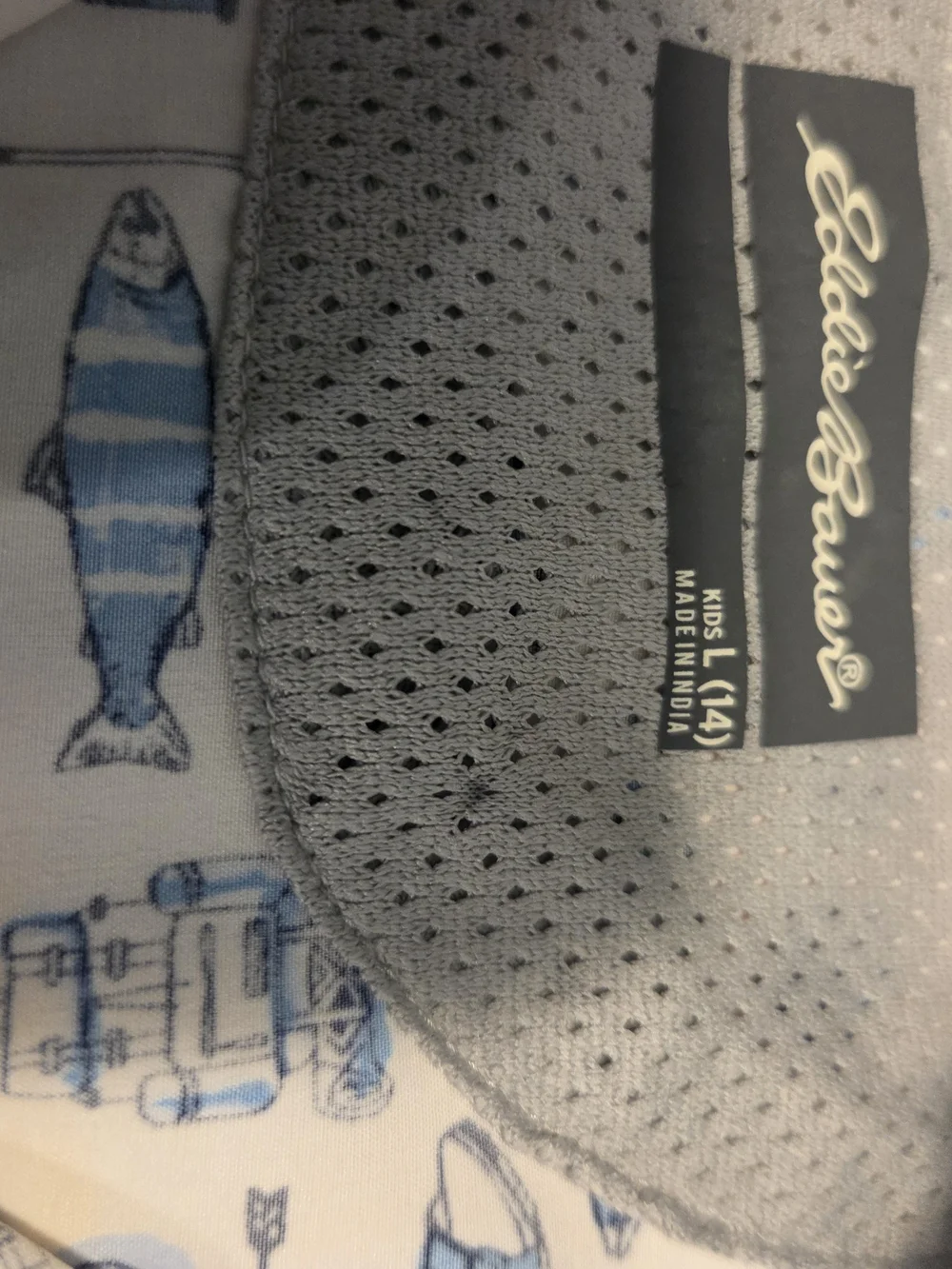 Eddie Bauer Outfit With Button Up Fish Print Shirt And Elastic Shorts